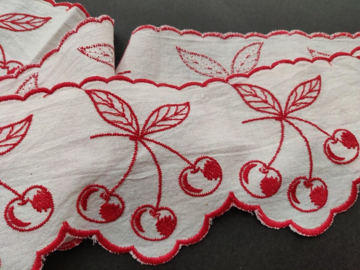 アンティークフランス 菫 スミレと実の赤糸刺繍 スカラップ シェルフ